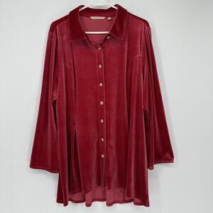 Soft Surroundings Shirt Womens 1X Red Velvet Button Front Tunic Top Long Sleeve